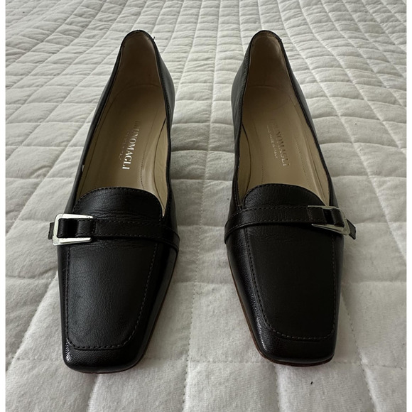 BRUNO MAGLI Pump Womens 37 US 6.5 Black Leather Square Toe Buckle Block Heel - Picture 2 of 15